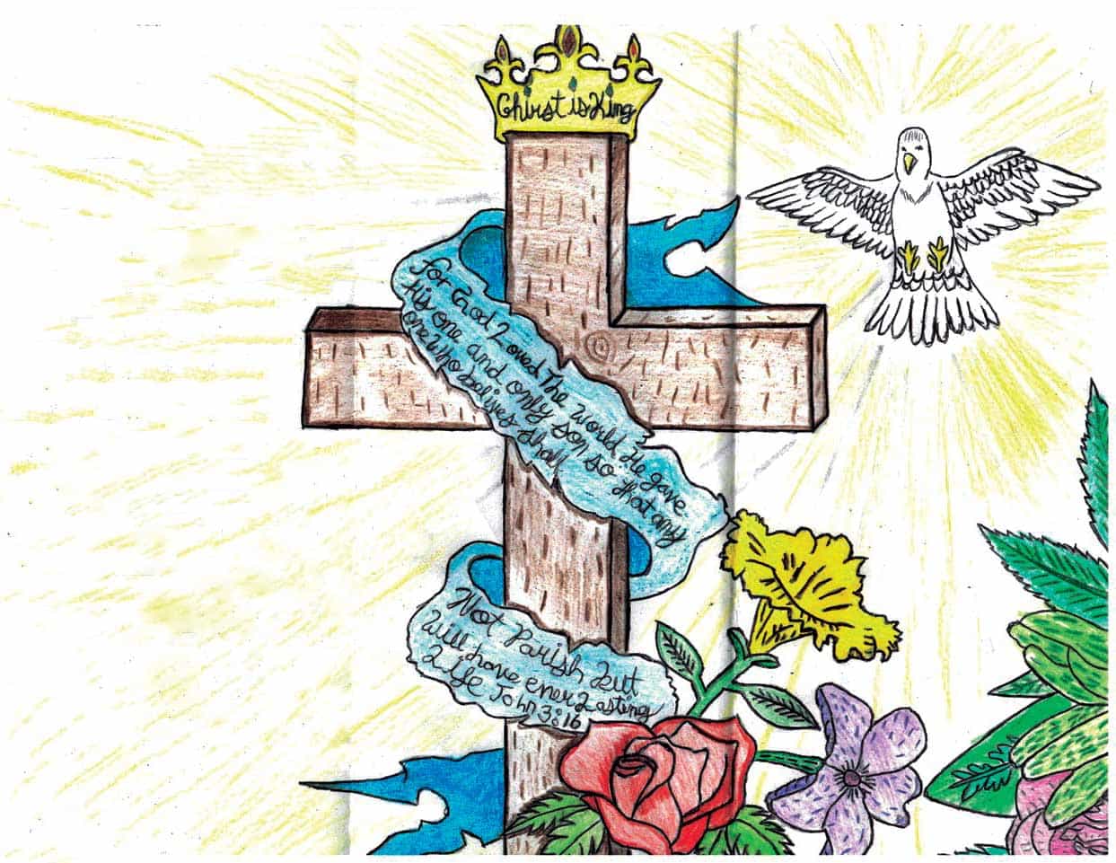 An image of the cross, surrounded by flowers with a crown on its top. John 3:16 is written on the ribbon, and a dove flies beside the cross.