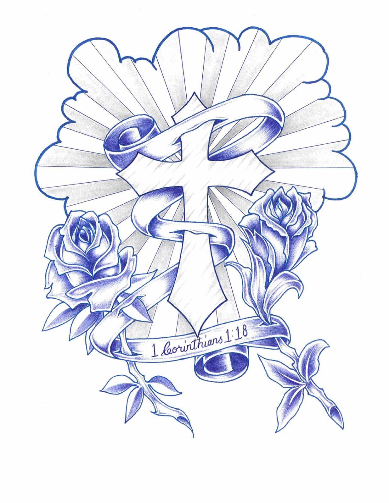 A cross with flowers and ribbons surrounding it. 1 Corinthians 1:18 is written below the cross.