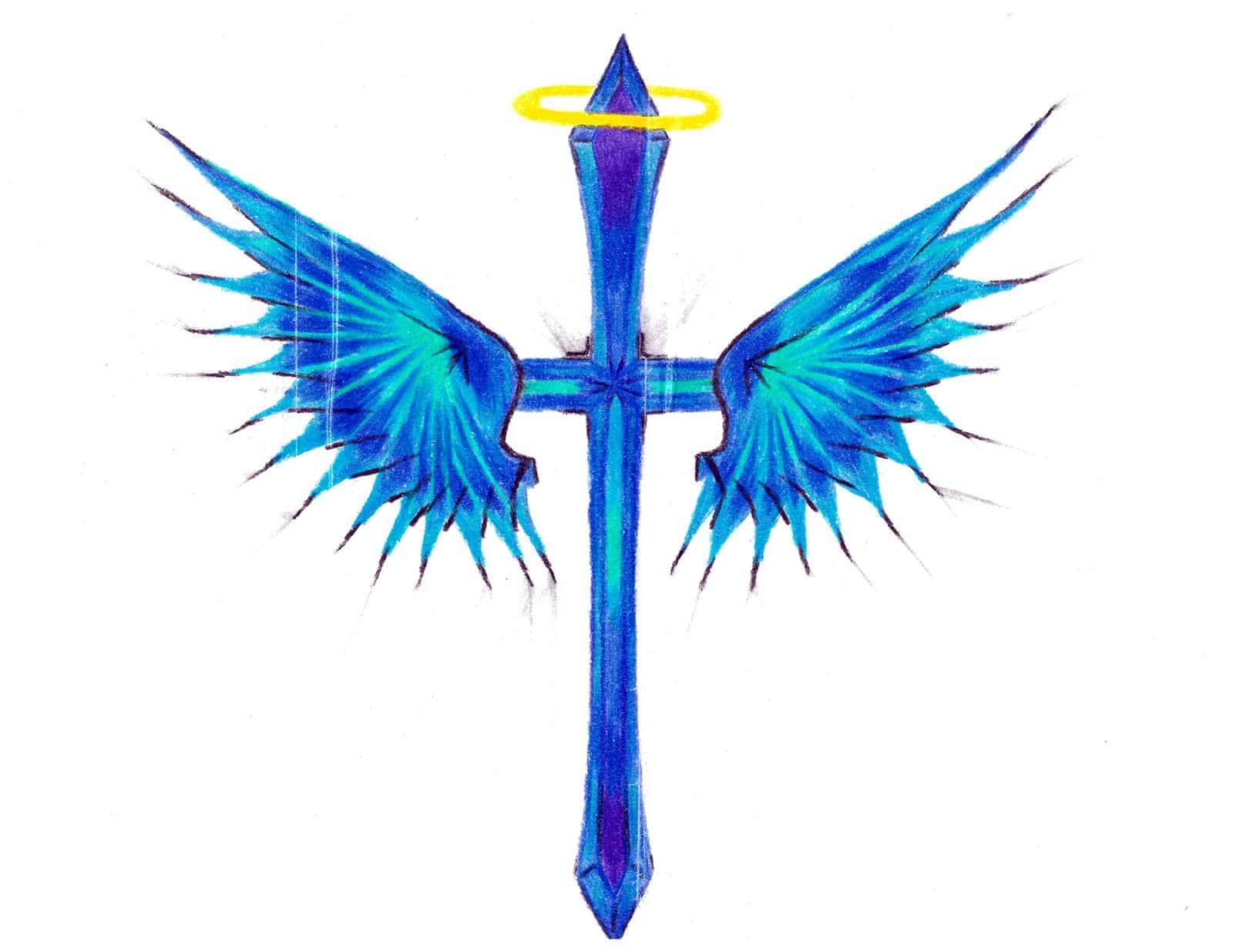 An illustration of a cross with wings and a halo.