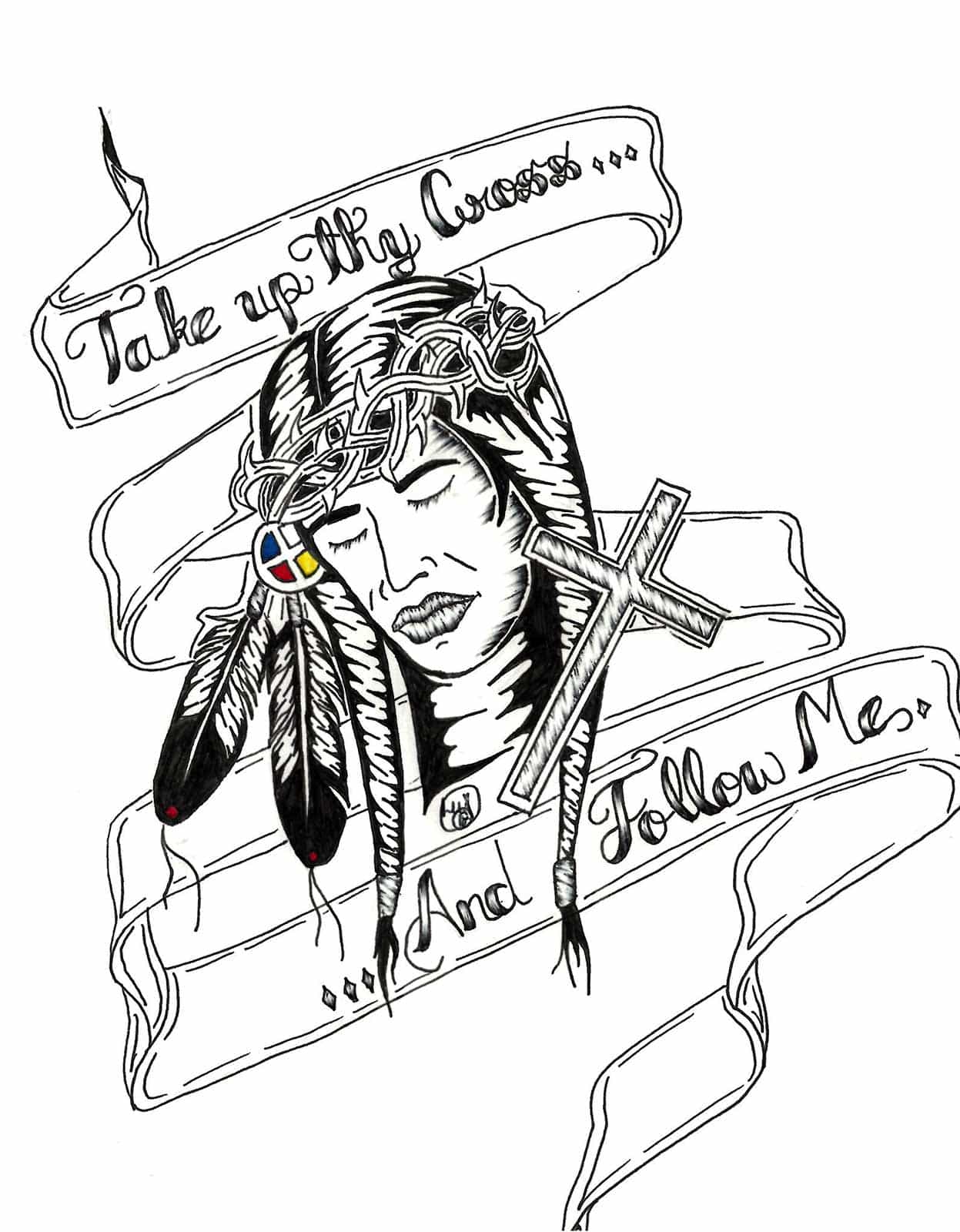 An image of a Native Canadian who looks like Jesus and wears a crown of thorns encouraging others to take up their cross and follow Jesus.