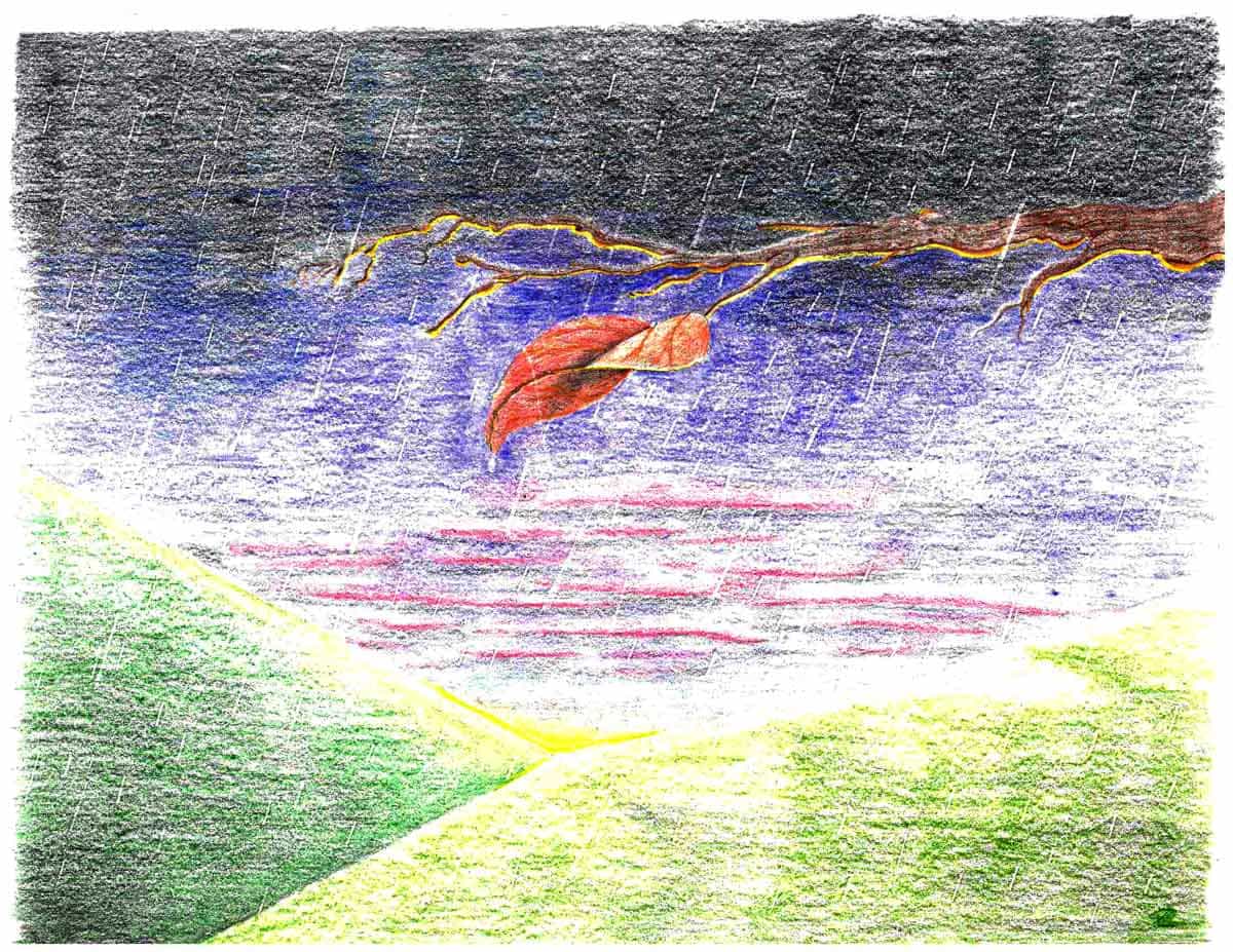 A sketch of a single leaf on a branch in front of hills during a storm,