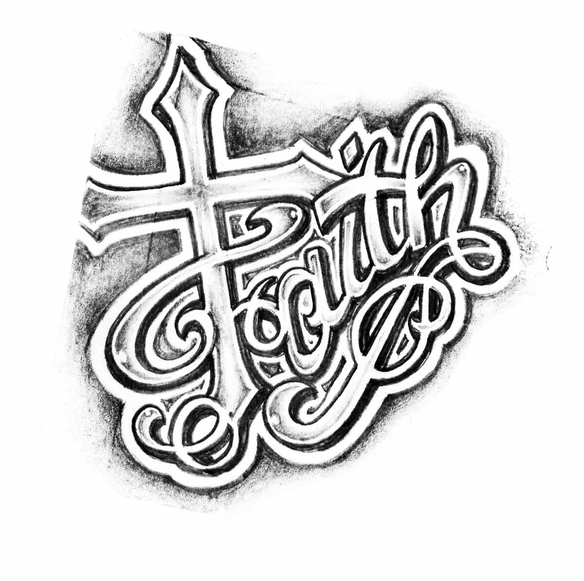 An illustration of the word "Faith," with the "F" character intersecting with the cross like a tattoo.