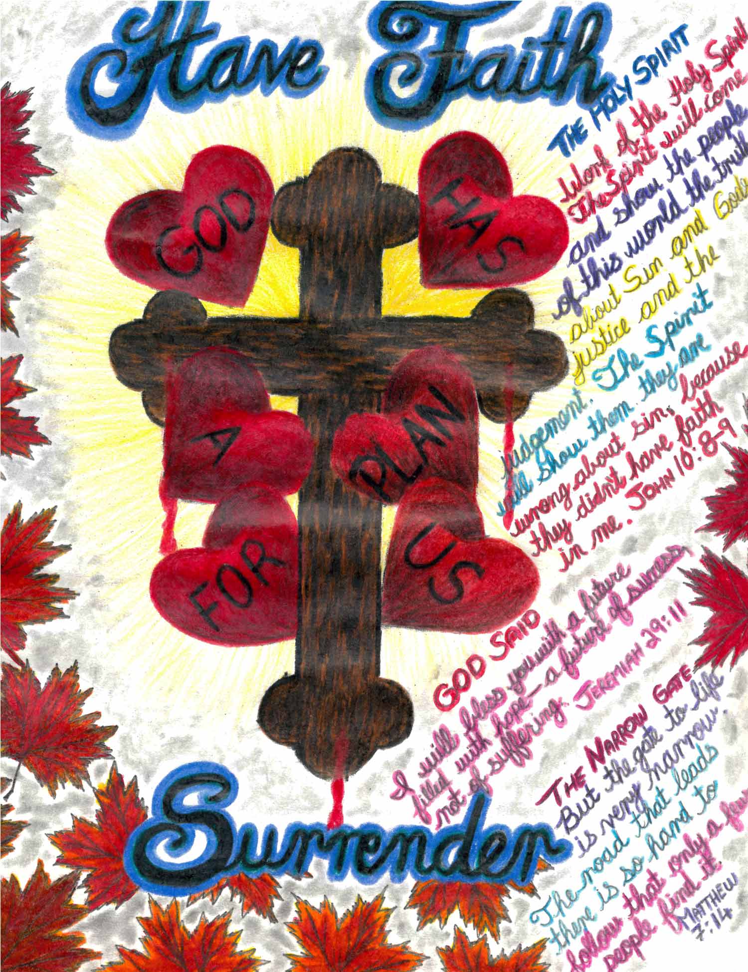 An image of a cross surrounded by Bible verses and hearts.