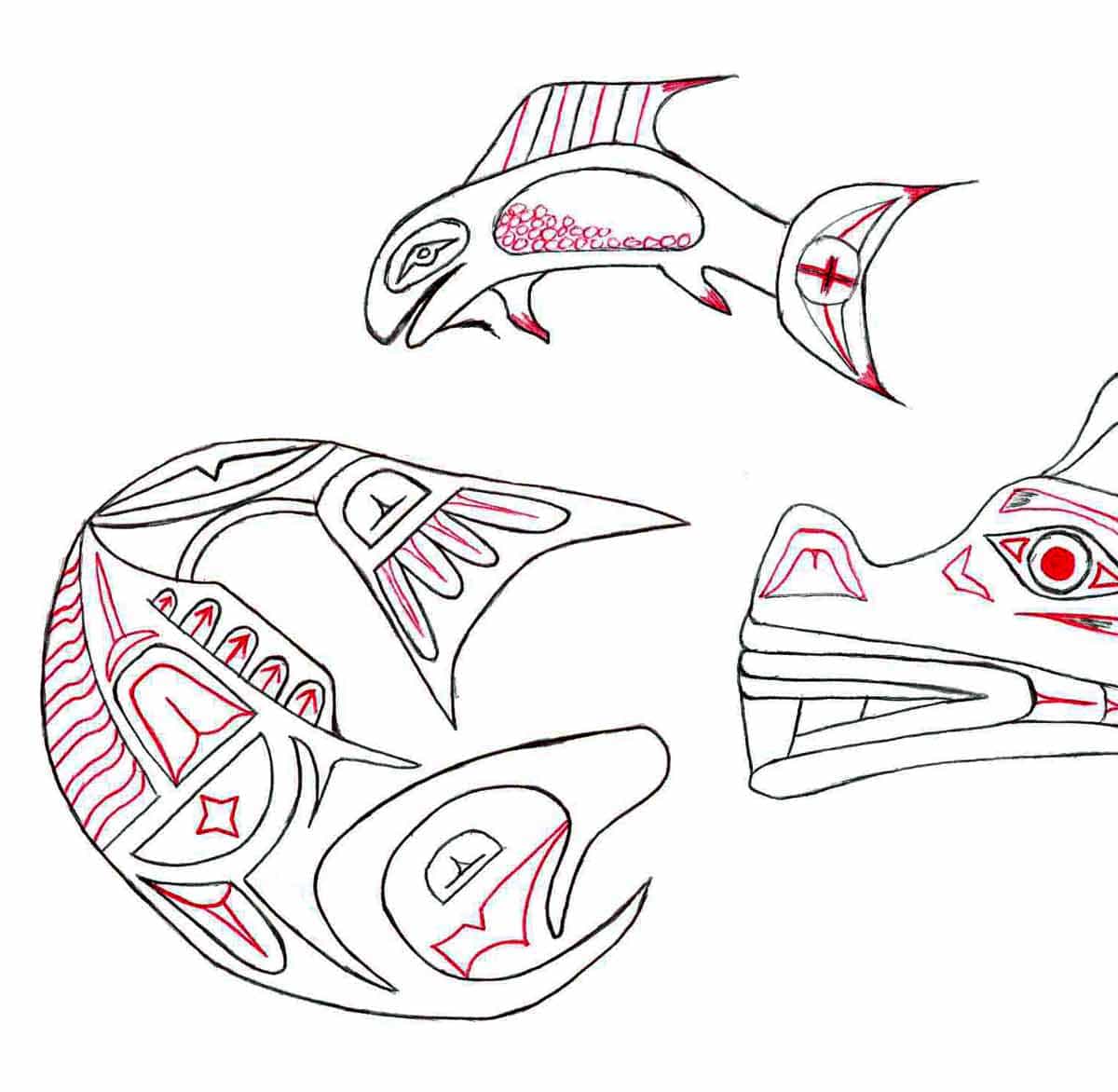 An illustration of fish and dragons.