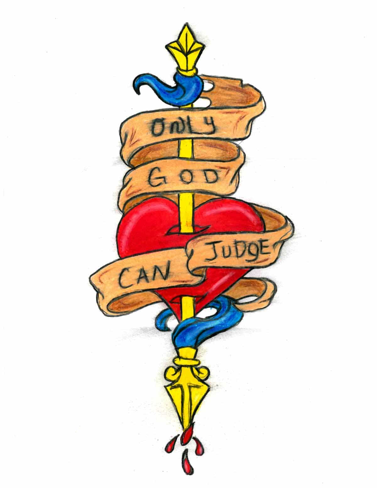 An illustration of a spear through a cross, wrapped with flowing ribbon. This ribbon sas "Only God can judge me."