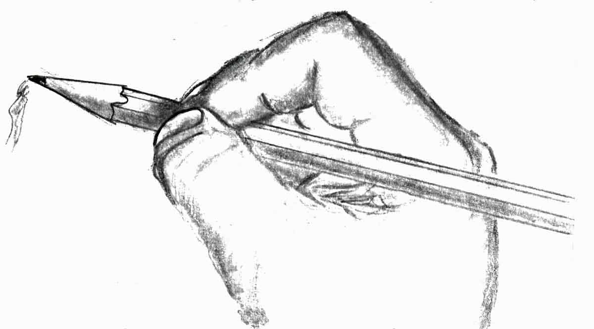 A black and white illustration of a hand sketching with a pencil.