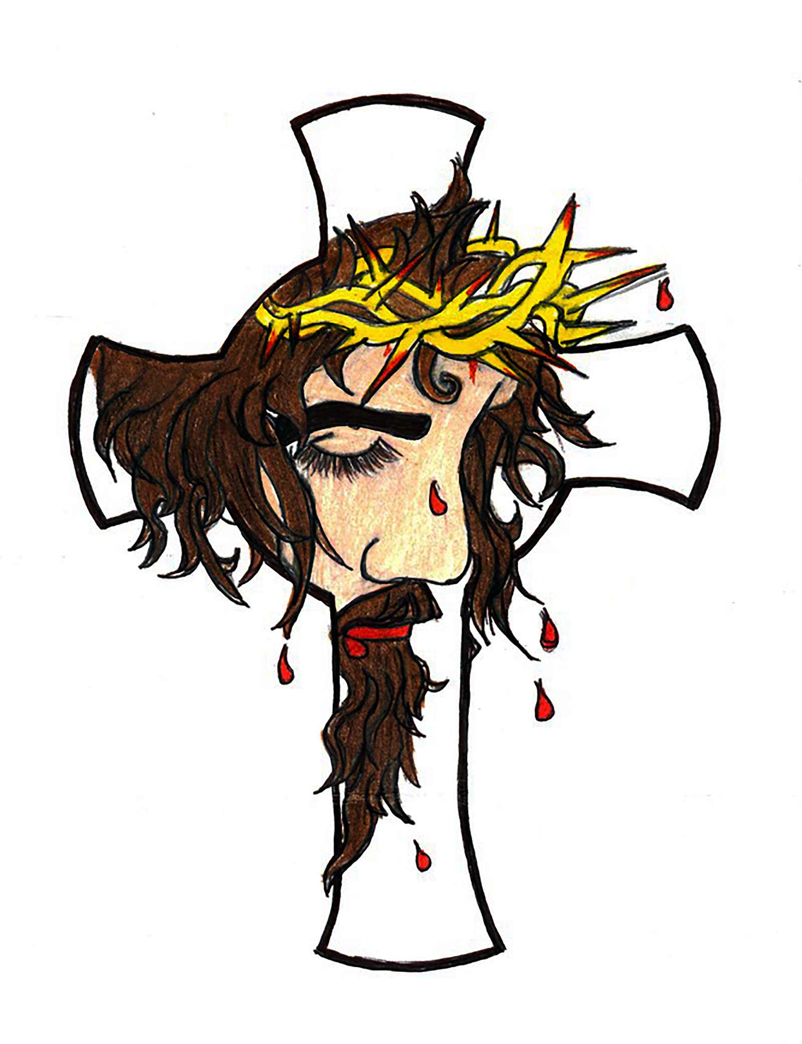 Jesus wearing a crown of thorns inside an image of a cross.